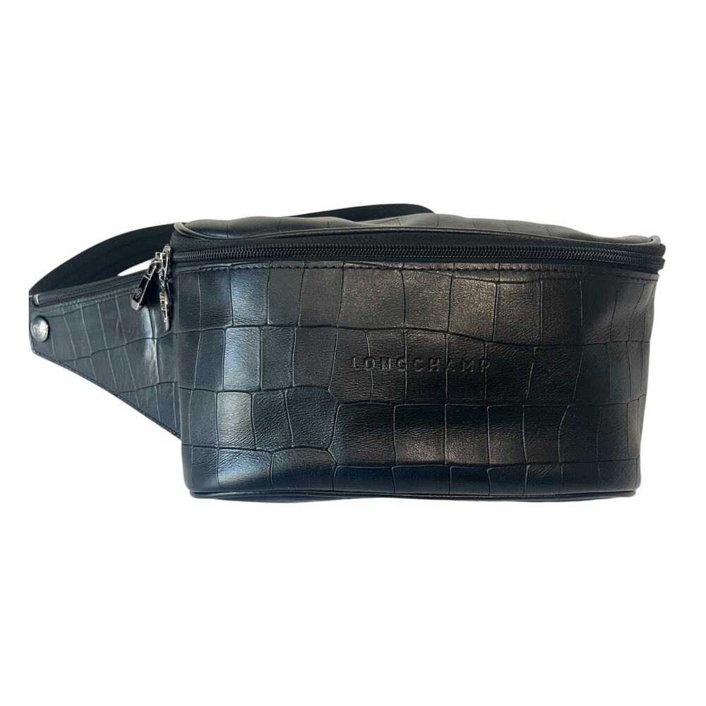Longchamp Black Croc Embossed Leather Belt Bag Fanny Pack